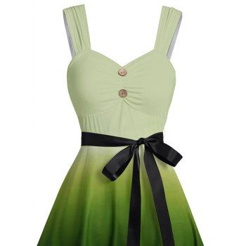 Ombre Mock Button Ruched Bust Belt Vacation Dress Sweetheart Neck A Line Mini Casual Dress