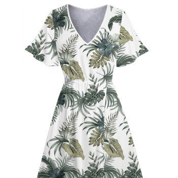 Allover Hibiscus Floral Leaf Pattern Hawaii Slit Dress Flutter Short Sleeve V Neck A Line Vacation Dress