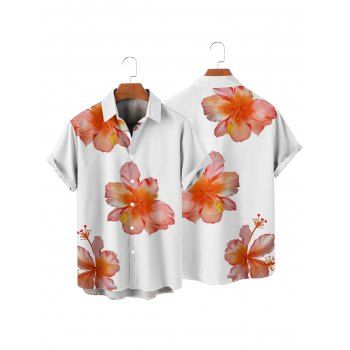Vacation Couple Outfit Hibiscus Floral Pattern Spaghetti Strap A Line Mini Tank Dress and Roll Up Sleeve Shirt Casual Matching Outfit