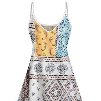 Colorblock Paisley Geometric Pattern Bohemian Dress Spaghetti Strap V Neck A Line Mini Vacation Tank Dress