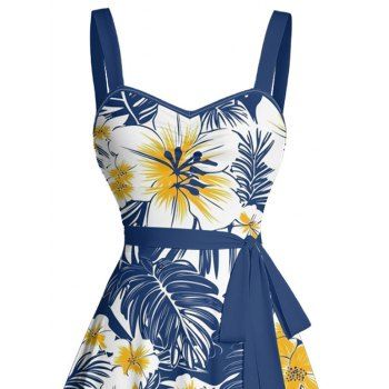 Allover Tropical Leaf Hibiscus Floral Pattern Ruched Bust Vacation Dress Sweetheart Neck Belt A Line Mini Dress