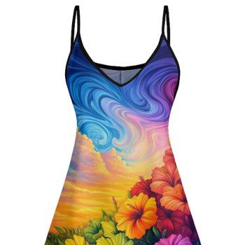 Oil Painting Hibiscus Floral Pattern Vacation Dress Spaghetti Strap V Neck A Line Mini Casual Tank Dress
