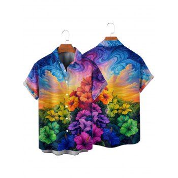 Vacation Couple Outfit Oil Painting Hibiscus Floral Pattern Spaghetti Strap V Neck A Line Mini Tank Dress and Roll Up Sleeve Shirt Casual Matching Outfit