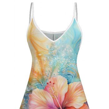 Contrast Color Hibiscus Floral Pattern Vacation Dress Spaghetti Strap V Neck A Line Mini Casual Tank Dress