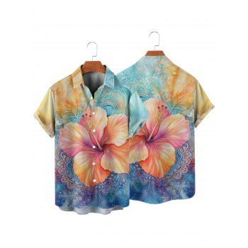 Vacation Couple Outfit Contrast Color Hibiscus Floral Pattern Spaghetti Strap V Neck A Line Mini Tank Dress and Roll Up Sleeve Shirt Casual Matching Outfit