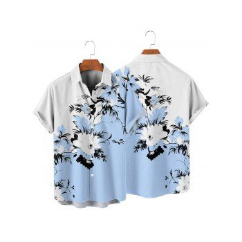 Men's Floral Leaf Pattern Contrast Color Vacation Shirt Roll Up Short Sleeve Button Up Casual Shirt