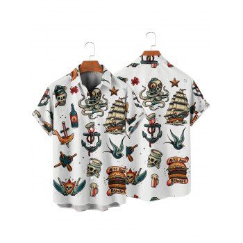 Men's Ship Wine Glass Octopus Hamburger Skull Pattern Vintage Shirt Roll Up Short Sleeve Button Up Vacation Shirt
