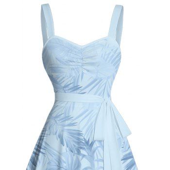 Allover Tropical Plant Leaf Pattern Ruched Bust Belt Vacation Dress Sweetheart Neck Sleeveless A Line Mini Dress