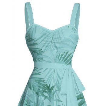 Allover Tropical Plant Leaf Pattern Ruched Bust Belt Vacation Dress Sweetheart Neck Sleeveless A Line Mini Dress
