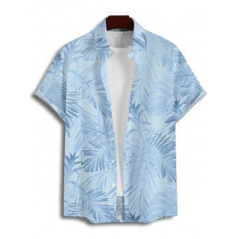 Vacation Couple Outfit Allover Tropical Plant Leaf Pattern Ruched Bust Belt Sweetheart Neck A Line Mini Dress and Roll Up Sleeve Shirt Casual Matching Outfit