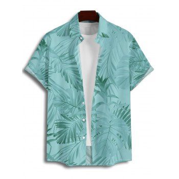Vacation Couple Outfit Allover Tropical Plant Leaf Pattern Ruched Bust Belt Sweetheart Neck A Line Mini Dress and Roll Up Sleeve Shirt Casual Matching Outfit