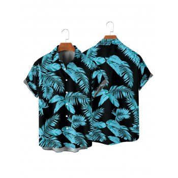 Vacation Couple Outfit Allover Leaf Pattern Spaghetti Strap A Line Tank Dress and Roll Up Sleeve Shirt Matching Outfit