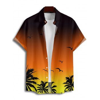 Vacation Couple Outfit Ombre Coconut Tree Seagulls Pattern Spaghetti Strap V Neck A Line Mini Tank Dress and Roll Up Sleeve Shirt Beach Matching Outfit