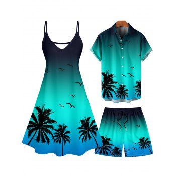 Vacation Couple Outfit Ombre Coconut Tree Seagulls Pattern Spaghetti Strap A Line Tank Dress and Roll Up Sleeve Shirt Drawstrings Shorts Beach Matching Outfit