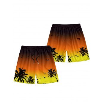 Vacation Couple Outfit Ombre Coconut Tree Seagulls Pattern Spaghetti Strap A Line Tank Dress and Roll Up Sleeve Shirt Drawstrings Shorts Beach Matching Outfit
