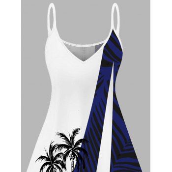 Contrast Color Leaf Coconut Tree Pattern Vacation Dress Spaghetti Strap V Neck A Line Mini Tank Dress
