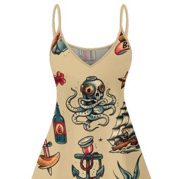Ship Wine Glass Octopus Hamburger Skull Pattern Vintage Dress Spaghetti Strap V Neck A Line Mini Vacation Tank Dress