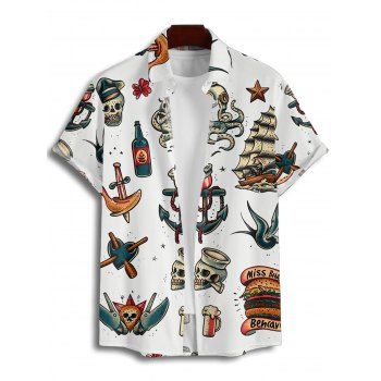 Vacation Couple Outfit Octopus Ship Wine Glass Hamburger Skull Pattern Spaghetti Strap A Line Dress and Roll Up Sleeve Shirt Vintage Matching Outfit