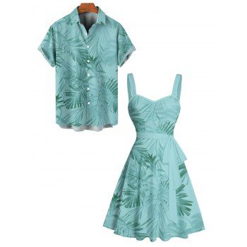 Vacation Couple Outfit Allover Tropical Plant Leaf Pattern Ruched Bust Belt Sweetheart Neck A Line Mini Dress and Roll Up Sleeve Shirt Casual Matching Outfit