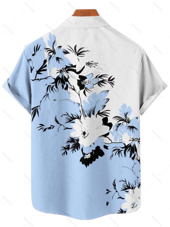 Chemise de Vacances Décontractée en Couleur Contrastée Motif de Feuille Boutonnée à Manches Courtes - Bleu clair 3XL