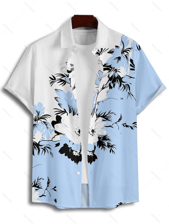 Chemise de Vacances Décontractée en Couleur Contrastée Motif de Feuille Boutonnée à Manches Courtes - Bleu clair 3XL