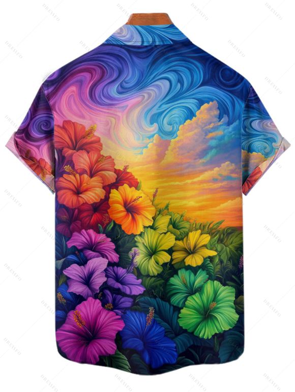 Chemise Décontractée Peinture à L'Huile Fleurie Boutonnée à Manches Courtes pour Homme - multicolor A 4XL