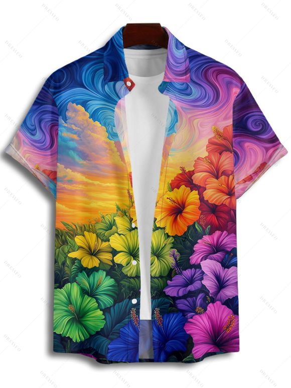 Chemise Décontractée Peinture à L'Huile Fleurie Boutonnée à Manches Courtes pour Homme - multicolor A 4XL