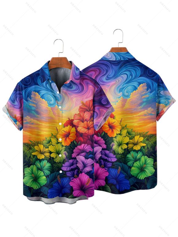 Chemise Décontractée Peinture à L'Huile Fleurie Boutonnée à Manches Courtes pour Homme - multicolor A 4XL