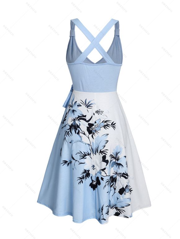 Vacation Couple Outfit Floral Leaf Pattern Contrast Color Surplice A Line Belt Dress and Roll Up Sleeve Shirt Casual Matching Outfit - Bleu clair S | US 4