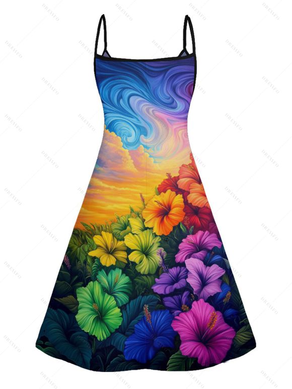 Vacation Couple Outfit Oil Painting Hibiscus Floral Pattern Spaghetti Strap V Neck A Line Mini Tank Dress and Roll Up Sleeve Shirt Casual Matching Outfit - multicolor A S | US 4