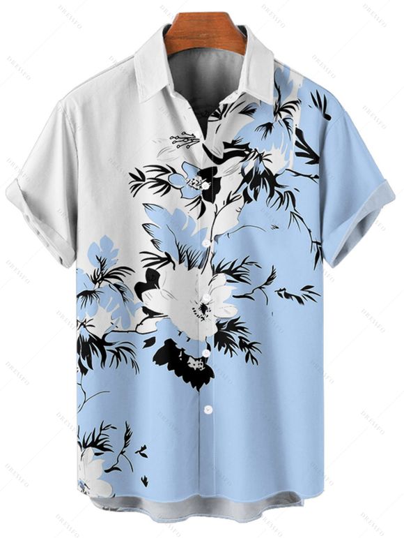 Vacation Couple Outfit Floral Leaf Pattern Contrast Color Surplice A Line Belt Dress and Roll Up Sleeve Shirt Casual Matching Outfit - Bleu clair S | US 4