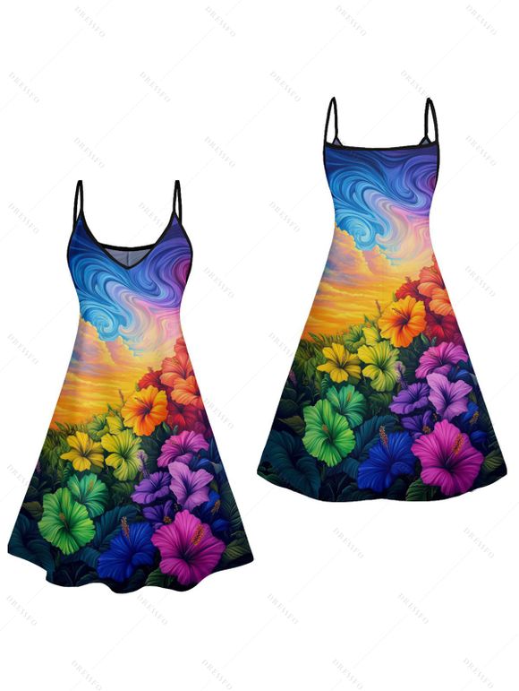 Vacation Couple Outfit Oil Painting Hibiscus Floral Pattern Spaghetti Strap V Neck A Line Mini Tank Dress and Roll Up Sleeve Shirt Casual Matching Outfit - multicolor A S | US 4