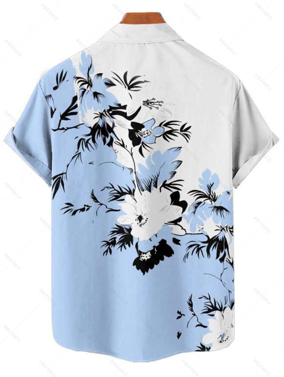 Vacation Couple Outfit Floral Leaf Pattern Contrast Color Surplice A Line Belt Dress and Roll Up Sleeve Shirt Casual Matching Outfit - Bleu clair S | US 4