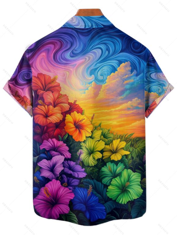 Vacation Couple Outfit Oil Painting Hibiscus Floral Pattern Spaghetti Strap V Neck A Line Mini Tank Dress and Roll Up Sleeve Shirt Casual Matching Outfit - multicolor A S | US 4