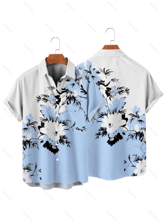 Vacation Couple Outfit Floral Leaf Pattern Contrast Color Surplice A Line Belt Dress and Roll Up Sleeve Shirt Casual Matching Outfit - Bleu clair S | US 4