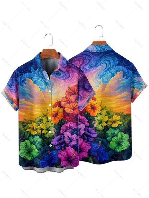 Vacation Couple Outfit Oil Painting Hibiscus Floral Pattern Spaghetti Strap V Neck A Line Mini Tank Dress and Roll Up Sleeve Shirt Casual Matching Outfit - multicolor A S | US 4