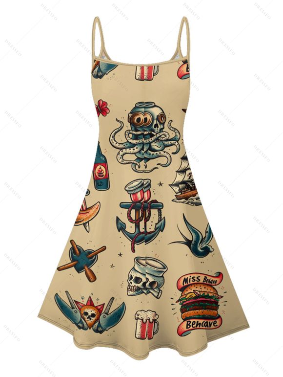 Vacation Couple Outfit Octopus Ship Wine Glass Hamburger Skull Pattern Spaghetti Strap A Line Dress and Roll Up Sleeve Shirt Vintage Matching Outfit - Deep Yellow S | US 4