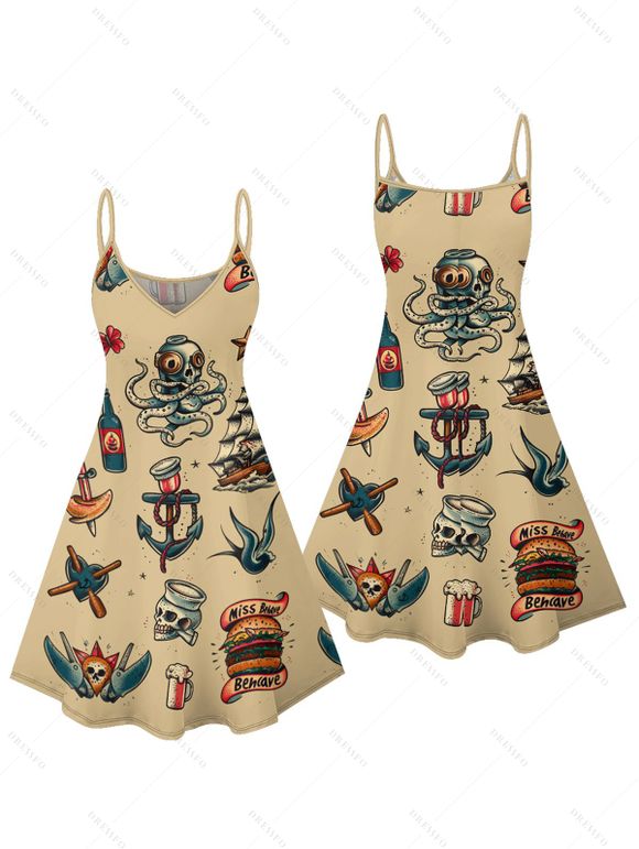 Vacation Couple Outfit Octopus Ship Wine Glass Hamburger Skull Pattern Spaghetti Strap A Line Dress and Roll Up Sleeve Shirt Vintage Matching Outfit - Deep Yellow S | US 4