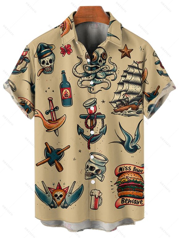 Vacation Couple Outfit Octopus Ship Wine Glass Hamburger Skull Pattern Spaghetti Strap A Line Dress and Roll Up Sleeve Shirt Vintage Matching Outfit - Deep Yellow S | US 4