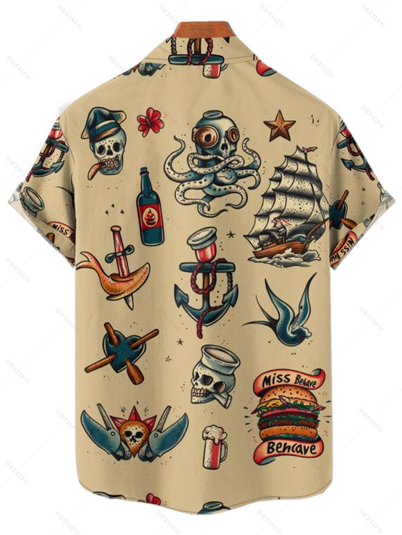 Vacation Couple Outfit Octopus Ship Wine Glass Hamburger Skull Pattern Spaghetti Strap A Line Dress and Roll Up Sleeve Shirt Vintage Matching Outfit - Deep Yellow S | US 4