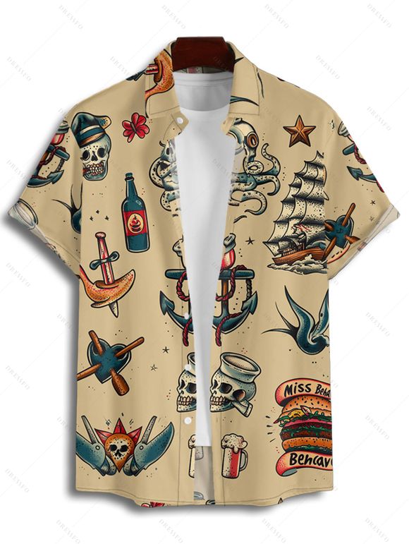 Vacation Couple Outfit Octopus Ship Wine Glass Hamburger Skull Pattern Spaghetti Strap A Line Dress and Roll Up Sleeve Shirt Vintage Matching Outfit - Deep Yellow S | US 4