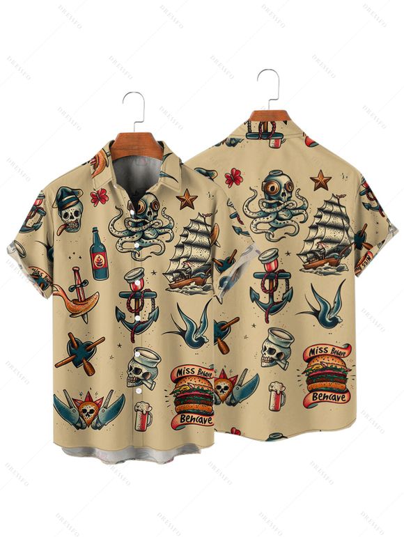 Vacation Couple Outfit Octopus Ship Wine Glass Hamburger Skull Pattern Spaghetti Strap A Line Dress and Roll Up Sleeve Shirt Vintage Matching Outfit - Deep Yellow S | US 4