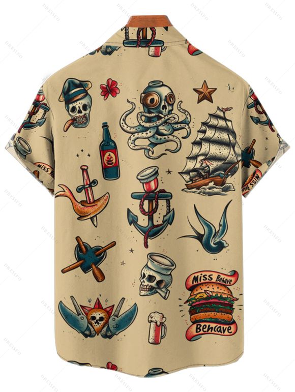 Chemise de Vacances Vintage Motif de Hamburger Crâne et Verre de Vin à Manches Roulées - Deep Yellow S