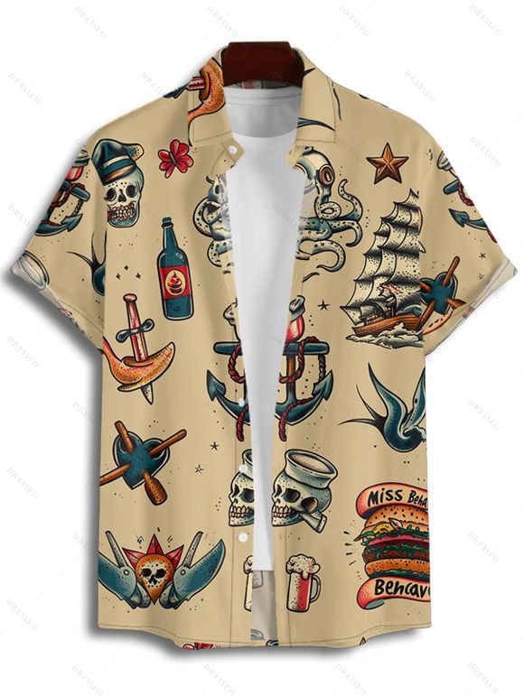 Chemise de Vacances Vintage Motif de Hamburger Crâne et Verre de Vin à Manches Roulées - Deep Yellow S