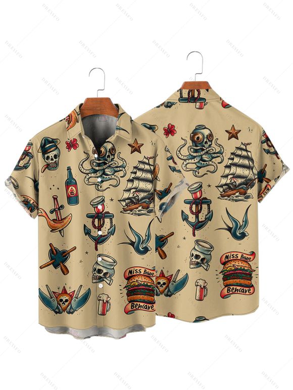 Chemise de Vacances Vintage Motif de Hamburger Crâne et Verre de Vin à Manches Roulées - Deep Yellow S