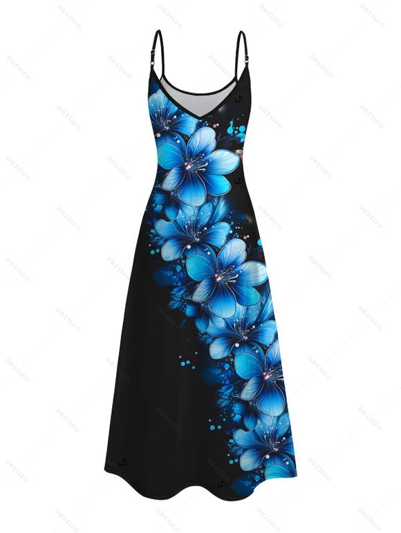 Vacation Couple Outfit Dots Floral Pattern Pocket Spaghetti Strap A Line Tank Dress and Roll Up Sleeve Button Up Shirt Drawstring Shorts Beach Matching Outfit - Noir S | US 4