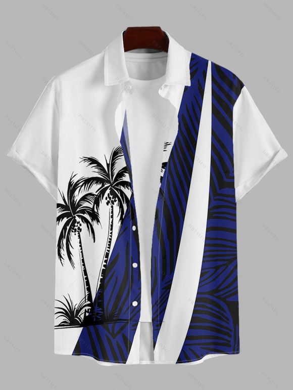 Chemise de Vacances Décontractée en Couleur Contrastée Motif de Cocotier Boutonnée à Manches Courtes - Bleu 4XL