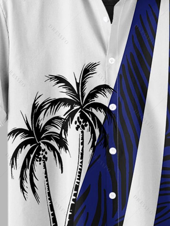 Chemise de Vacances Décontractée en Couleur Contrastée Motif de Cocotier Boutonnée à Manches Courtes - Bleu 4XL