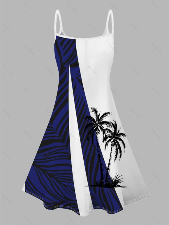 Mini Robe Ligne A à Bretelle Fine Motif de Feuille Arbre de Noix de Coco à Col V - Bleu XXL | US 14