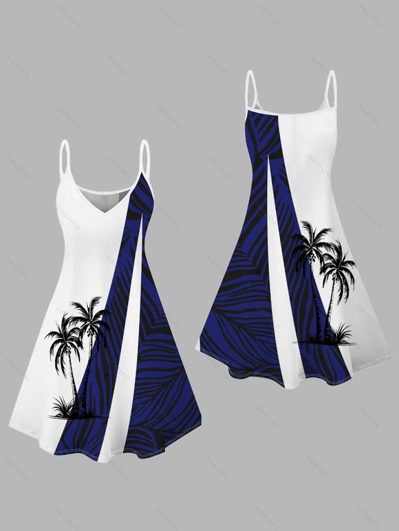 Mini Robe Ligne A à Bretelle Fine Motif de Feuille Arbre de Noix de Coco à Col V - Bleu XXL | US 14